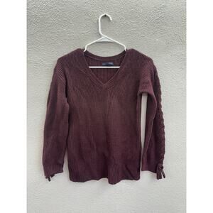 American Eagle Womens Sweater Size XXS Maroon Knit V-Neck Arm Tie Detail